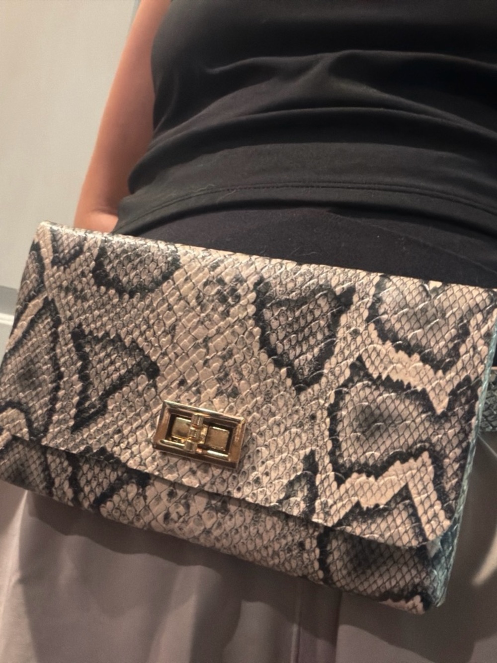 Snake-Print Envelope Clutch in Black and Cream